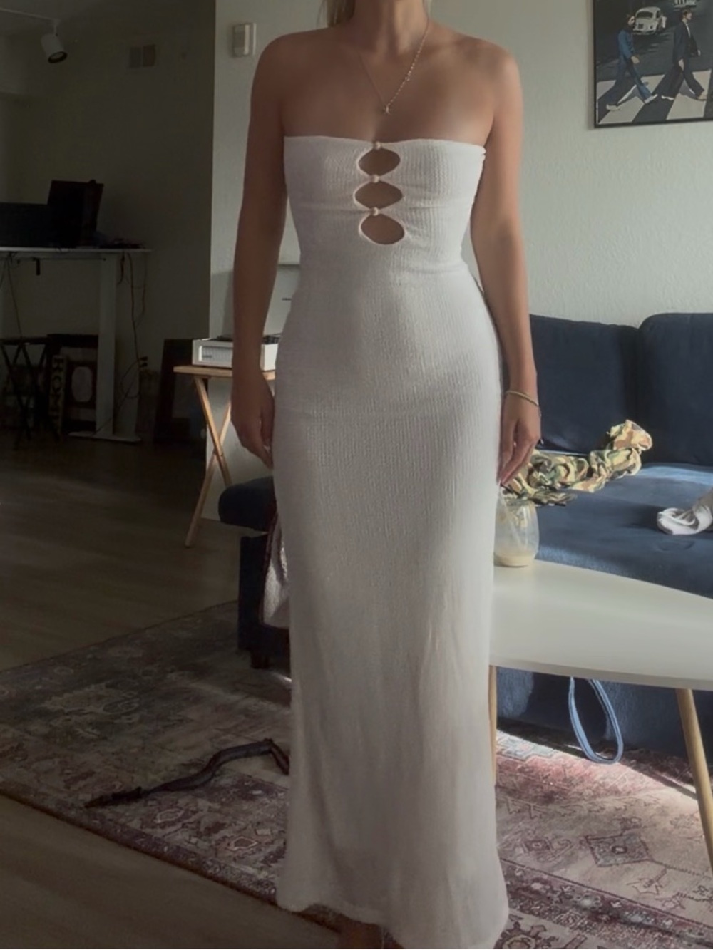 PacSun White Strapless Maxi Dress with Front Cutouts